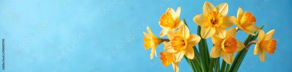 A stunning arrangement of narcissi in a vase against the clear blue sky, colorful, bouquet, flowers A stunning arrangement of narcissi in a vase against the clear blue sky, colorful, bouquet, flowers