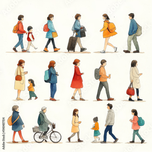 Walking people in various outfits, showcasing diverse styles and activities. illustration captures lively urban scene with individuals carrying bags, riding bicycles, and enjoying their day