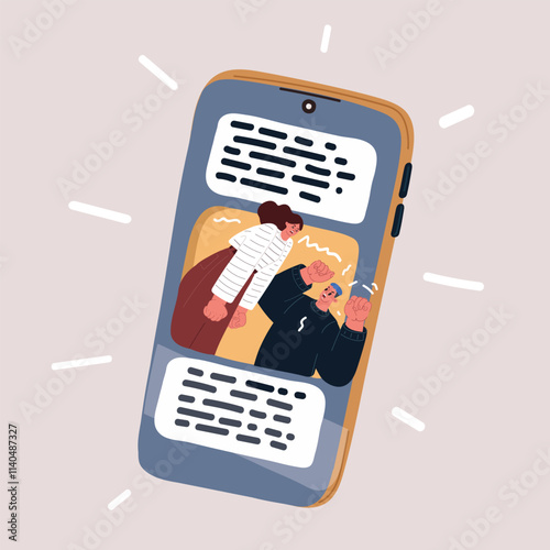 Cartoon vector illustration of a man and woman arguing with each other in a social media feed on a smartphone screen.