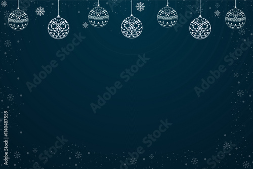 A festive Christmas background featuring a dark blue sky adorned with white snowflakes. Delicate, intricately designed Christmas ornaments hang gracefully.