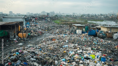 Expansive View of Landfill Site with Urban Background in Distance