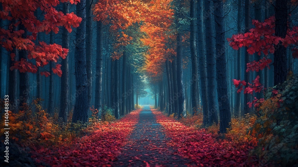 Fototapeta premium Misty autumn path through a vibrant red and orange forest.