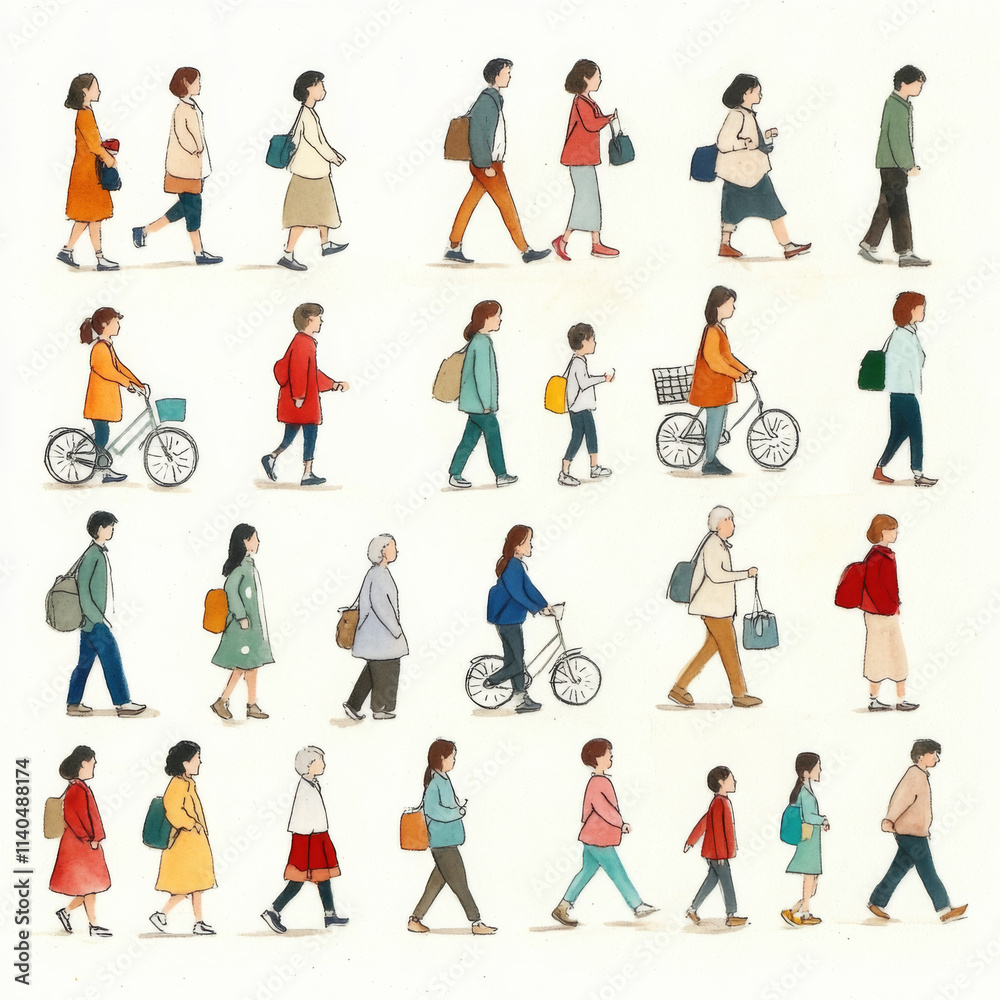 Collection of hand drawn people walking, cycling, and carrying bags, showcasing diverse styles and activities in vibrant urban setting Collection of hand drawn people walking, cycling, and carrying bags, showcasing diverse styles and activities in vibrant urban setting