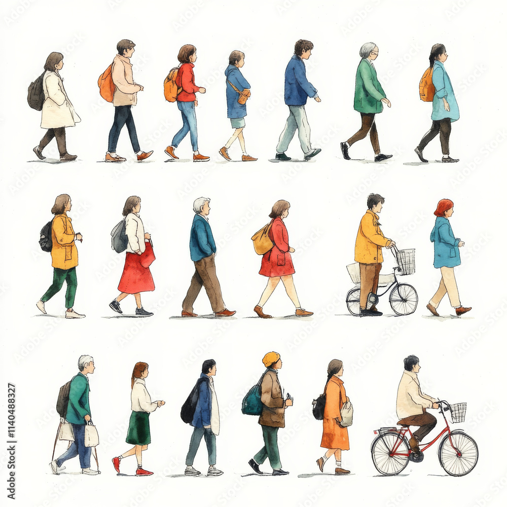 Walking people in various outfits and styles, showcasing diversity in fashion and movement. illustration captures lively urban scene with individuals carrying bags and riding bicycles Walking people in various outfits and styles, showcasing diversity in fashion and movement. illustration captures lively urban scene with individuals carrying bags and riding bicycles