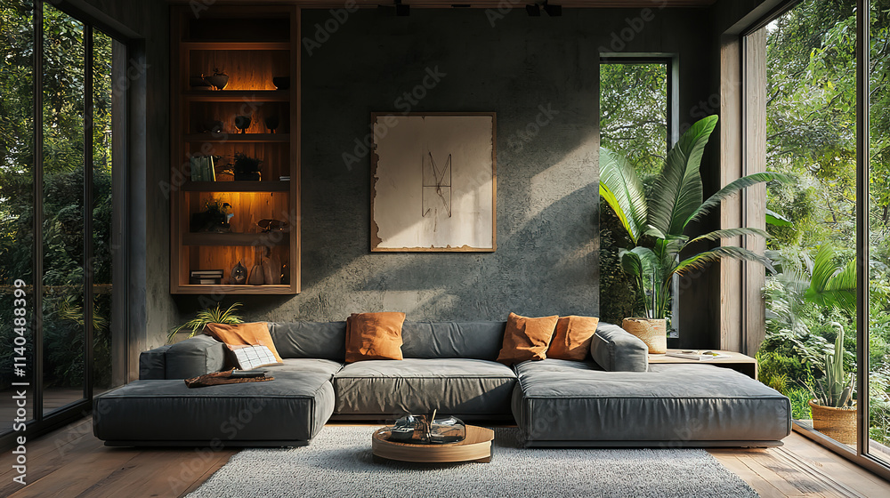 Fototapeta premium Refined modern living room with rustic charm and grey sofas creating a cozy ambiance