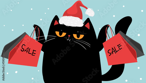 Cartoon characters black cat shopping, christmas sale. Kawaii black cat in santa hat with shopping bags. Discounts, winter sale. Online banner, flyer, card, coupon and other
