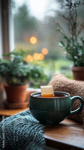 Warm herbal tea served in a rustic bowl with candles softly glowing in a cozy...