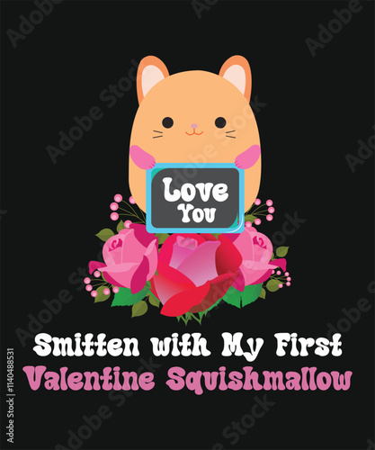 Smitten With My First Valentine Squishmallow, Vector Art Illustration For Home Decoration, Wall Art Presentation, T-shirt Printing and More. photo