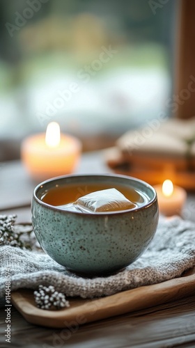 Warm herbal tea served in a rustic bowl with candles softly glowing in a cozy...