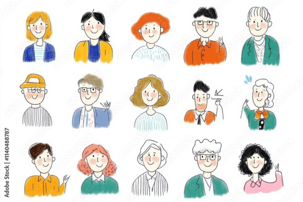 Cheerful collection of diverse hand drawn characters with various hairstyles and outfits, showcasing range of emotions and styles Cheerful collection of diverse hand drawn characters with various hairstyles and outfits, showcasing range of emotions and styles