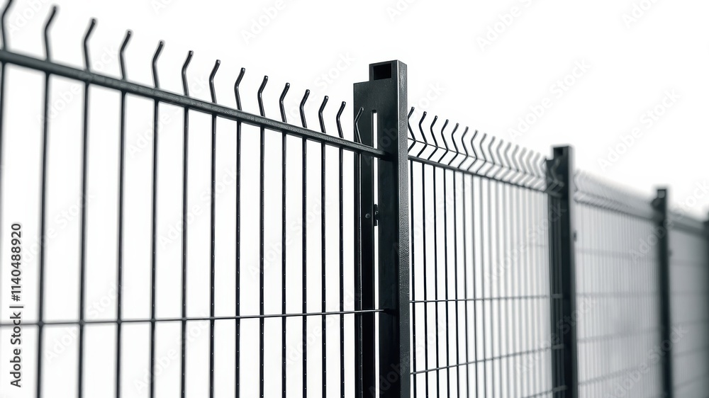Close-up view of a sturdy, dark-colored metal fence with a detailed post and sharp top Close-up view of a sturdy, dark-colored metal fence with a detailed post and sharp top
