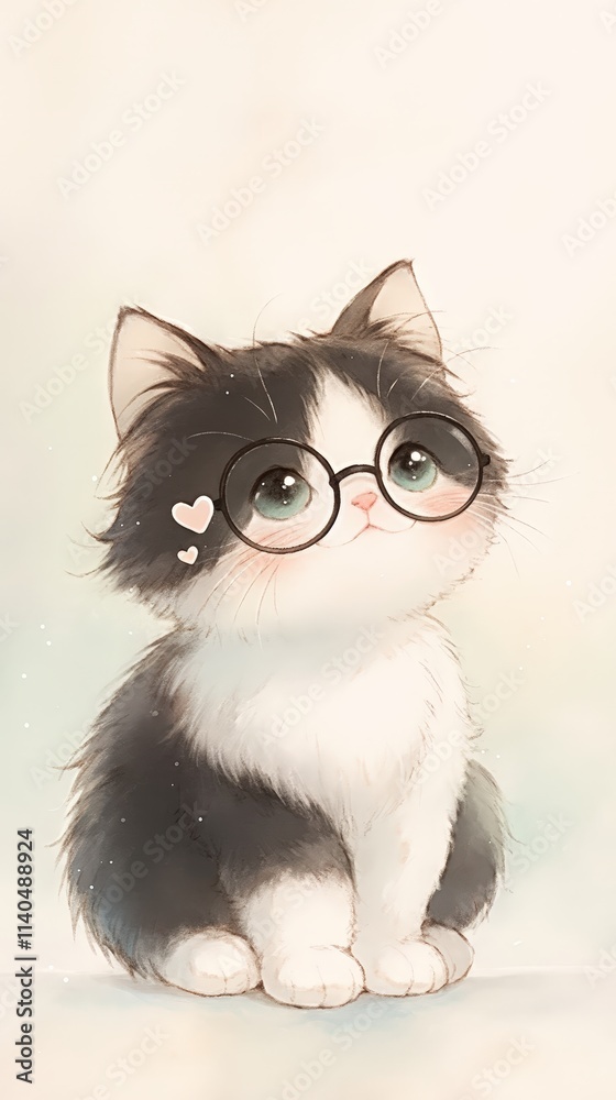 Obraz premium A cute, fluffy cat wearing glasses, gazing adorably with big eyes, exuding charm and playfulness in a soft pastel background.