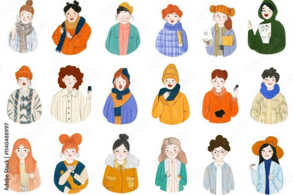 Diverse group of hand drawn characters in colorful outfits, showcasing various styles and expressions. Each character represents unique fashion and personality traits Diverse group of hand drawn characters in colorful outfits, showcasing various styles and expressions. Each character represents unique fashion and personality traits