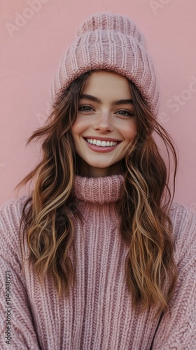 Smiling girl in cozy winter attire with pink backdrop enjoying the warmth of ...