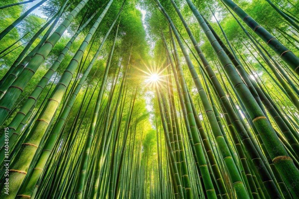 Sun shining through leading lines of green bamboo trees Sun shining through leading lines of green bamboo trees