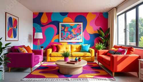 Vibrant living room with colorful furniture and lively patterns. background copyspace