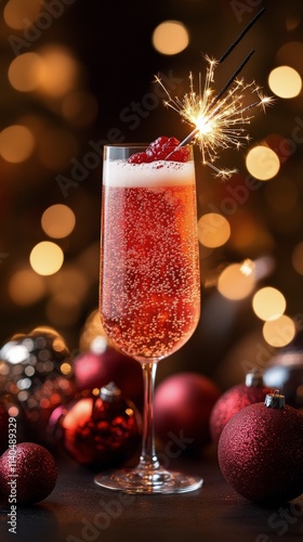 Sparkling drink served in a clear glass surrounded by festive decorations in ...