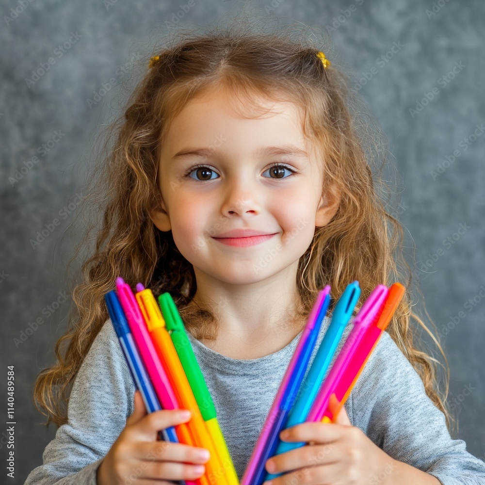 Student displays felt-tip pens in school. Student displays felt-tip pens in school.