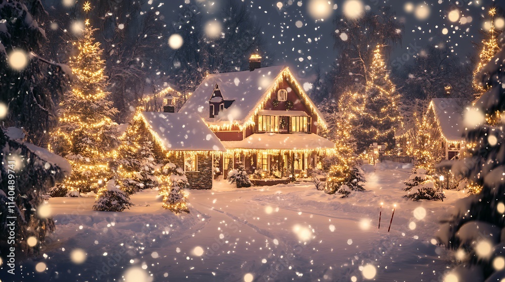 Fototapeta premium Winter Scene with Snowflakes and Glowing Christmas Lights