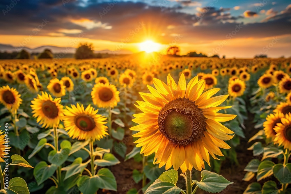 Obraz premium Sunflower field at sunset with golden light casting long shadows and illuminating petals