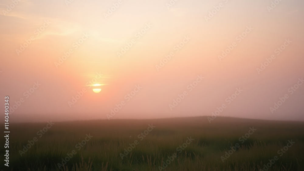 Serene Sunrise over Misty Grassland, a Peaceful Dawn Serene Sunrise over Misty Grassland, a Peaceful Dawn