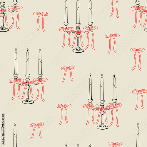 Holiday seamless pattern with hand drawn elegant candelabra with bows. Vintage vector background for christmas, wedding, birthday, etc.