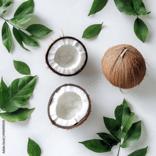Coconut with green leaves and a whole nut placed on a white background