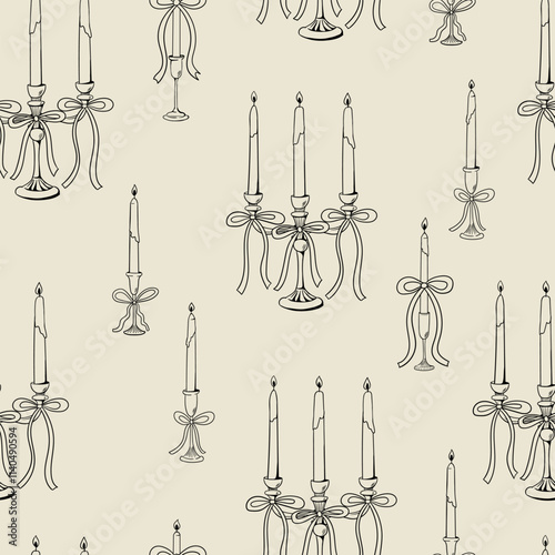 Holiday seamless pattern with hand drawn elegant candelabra and candles with bows. Vintage vector background for christmas, wedding, birthday, etc.