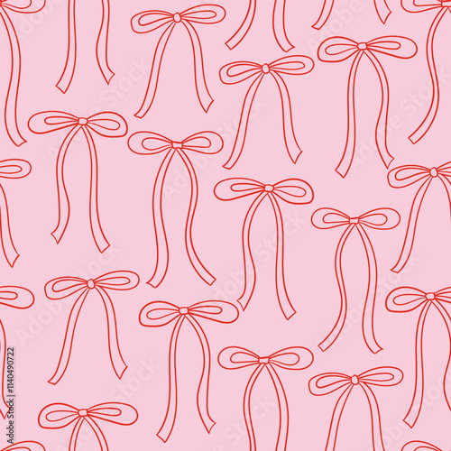 Seamless pattern with various linear bows. Vector outline background with hand drawn ribbons in sketch style. Coquette and ballet core