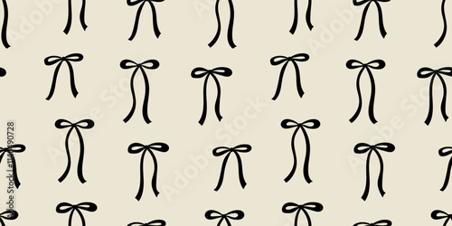 Seamless pattern with abstract black bows. Vector flat background with ribbon bowknot in retro style. Coquette and ballet core aesthetic