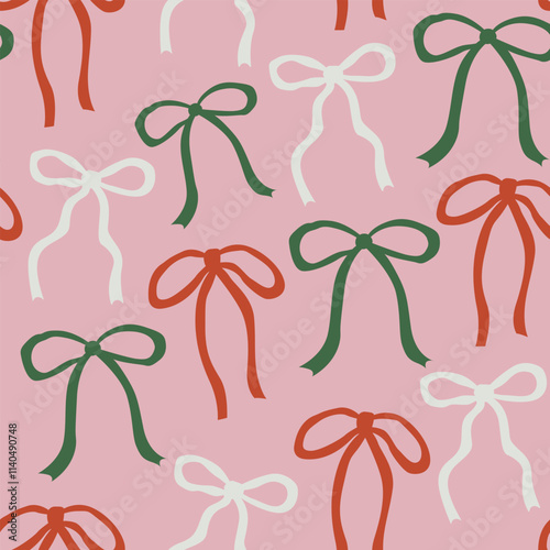 Seamless pattern with cute various bows. Vector flat background in coquette aesthetic