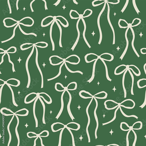 Seamless pattern with quirky hand drawn bows and stars. Holiday vector background for christmas and birthday