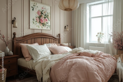 Cozy bedroom with natural light and floral decor in a serene setting