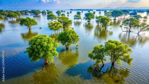 Sunken trees in flooded water of Tanguar Haor high angle view in Sunamganj, Bangladesh photo