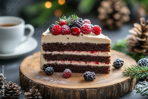 Chocolate cake slice topped with raspberries and coffee served on a wooden pl...