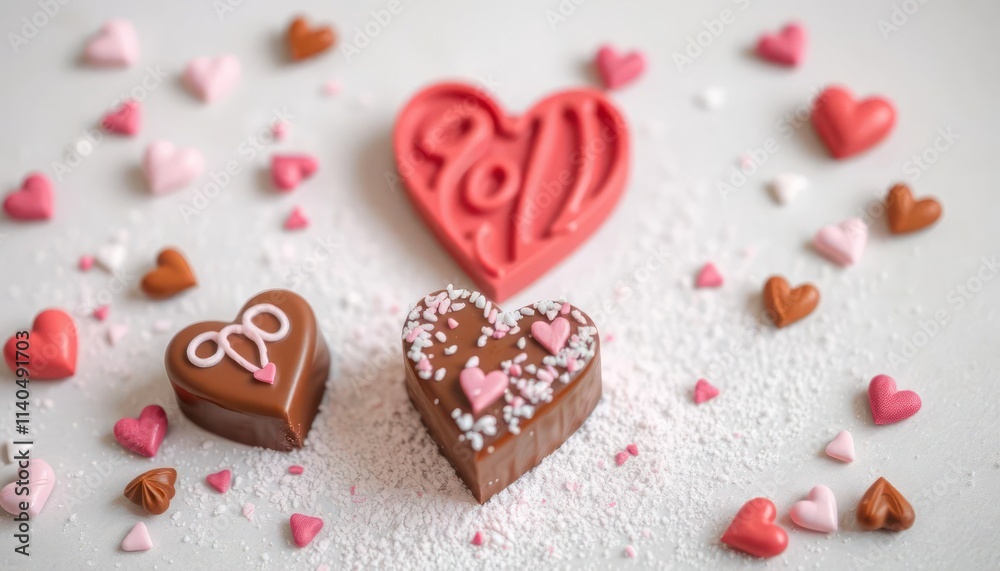 Colorful heart-shaped chocolates surrounded by smaller hearts on a light surface.