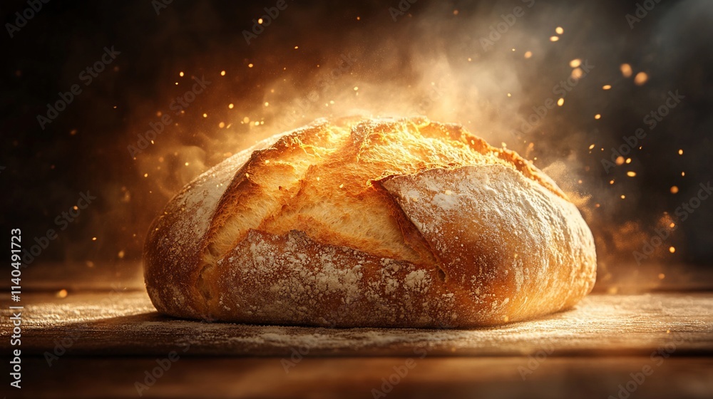Freshly baked artisan bread, steaming hot, on wooden surface. Freshly baked artisan bread, steaming hot, on wooden surface.