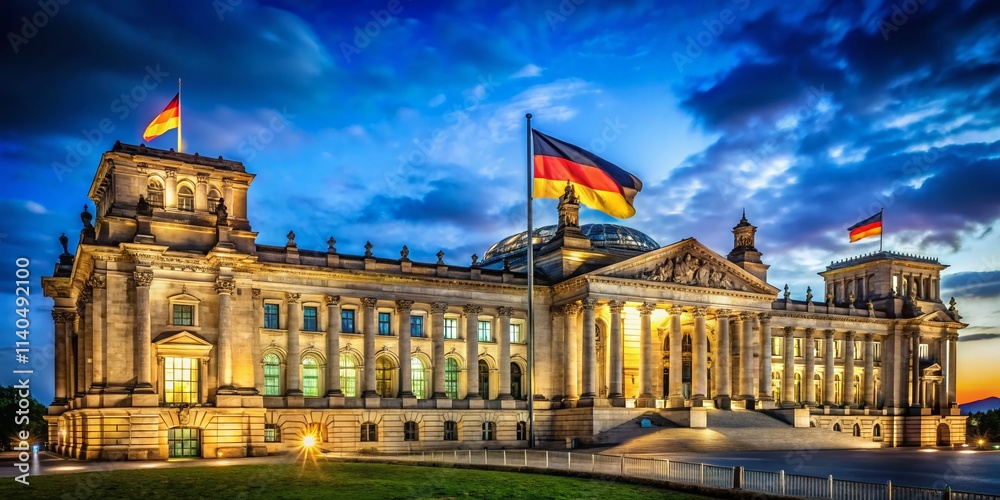 Fototapeta premium Low Light Reichstag Bundestag Flag Berlin Photography: Night View German Parliament Building