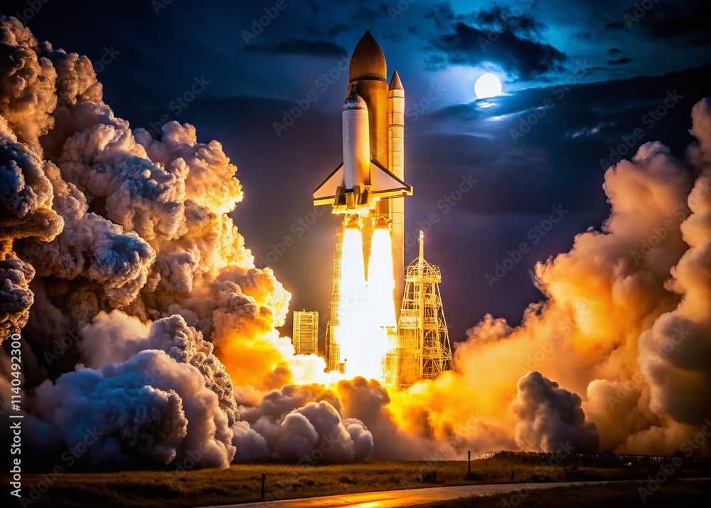 Obraz premium Low Light Rocket Card Photography: Night Launch, Space Exploration, Dark Background, Glowing Details, Cinematic Lighting