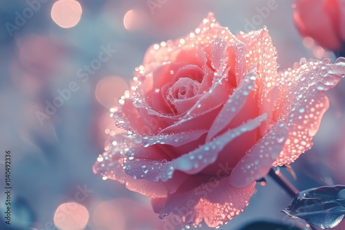 Pink rose with dew drops glistening in soft light during early morning