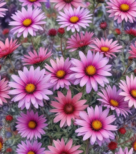 watercolor painting of autumn aster flowers in shades of purple pink and red, nature, pink