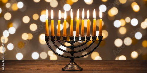 Menorah with Lit Candles and Bokeh Background