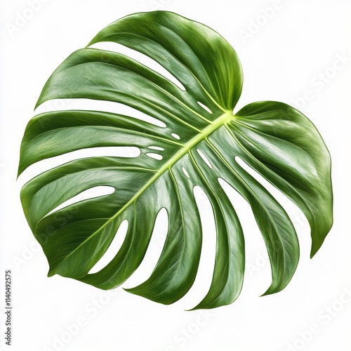 Large green monstera leaf against white background showcasing its unique shap...