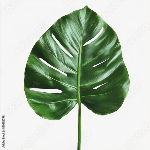 Large green monstera leaf against white background showcasing its unique shap...