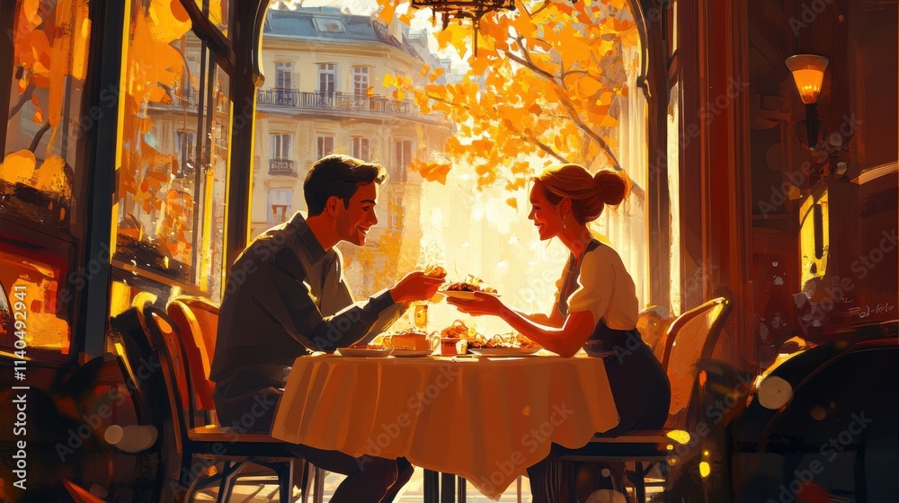 A joyful couple enjoying a delightful meal together at a cozy restaurant during a sunny afternoon A joyful couple enjoying a delightful meal together at a cozy restaurant during a sunny afternoon