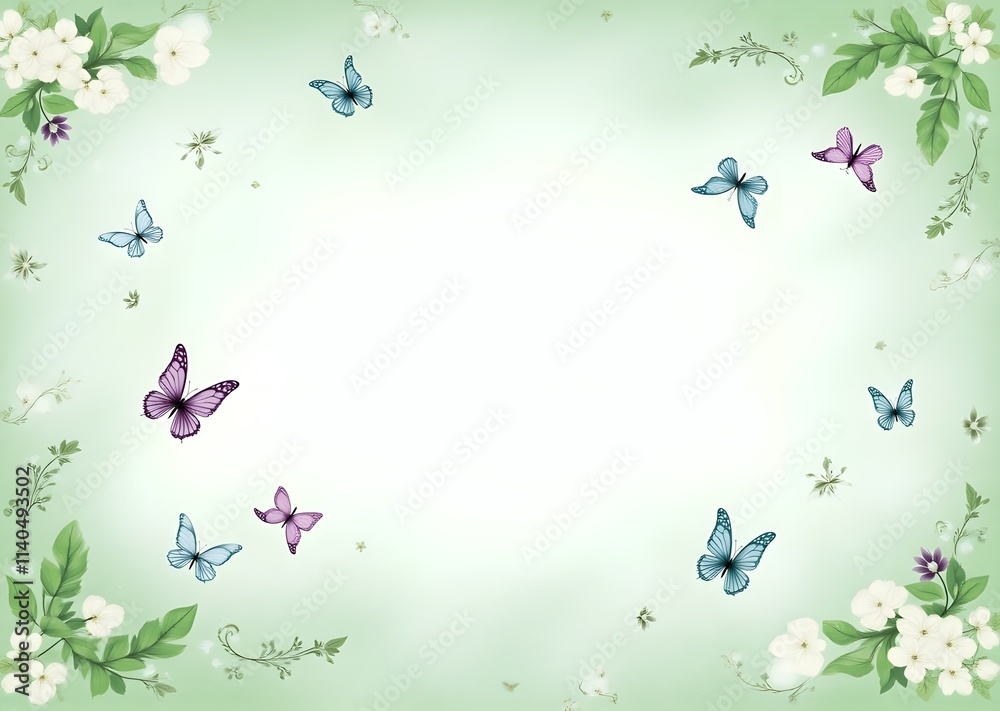 An abstract spring illustration background featuring soft pastel colors like light green, pink, yellow, and sky blue. Featuring flowing organic shapes, delicate floral elements, leaves, and butterfly An abstract spring illustration background featuring soft pastel colors like light green, pink, yellow, and sky blue. Featuring flowing organic shapes, delicate floral elements, leaves, and butterfly
