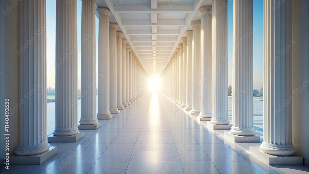 Sunlight shining through columns in white corridor Sunlight shining through columns in white corridor
