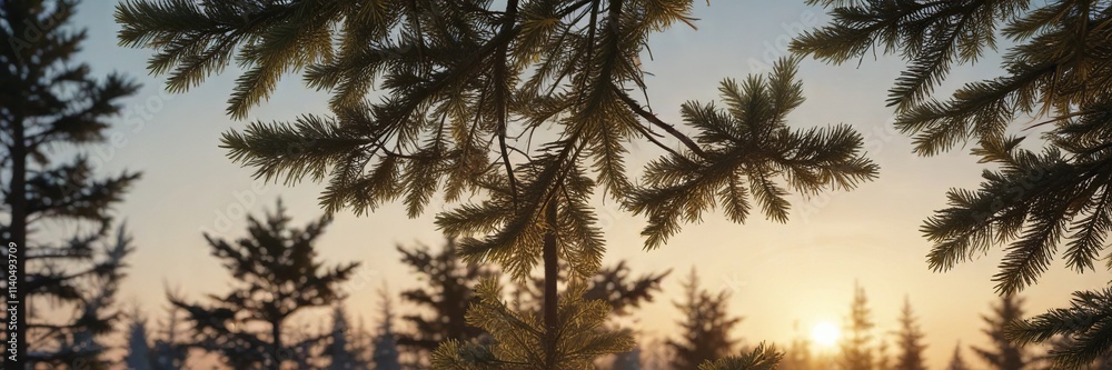 Darkening blue sky with green spruce branches in warm golden light, fading light, autumnal colors, evergreen Darkening blue sky with green spruce branches in warm golden light, fading light, autumnal colors, evergreen