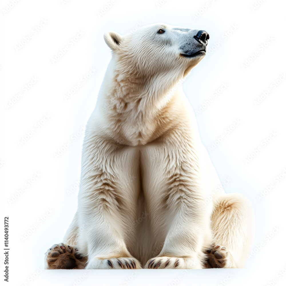 Fototapeta premium majestic polar bear sits gracefully, showcasing its thick white fur and strong physique. serene expression captures beauty of this magnificent creature in its natural habitat