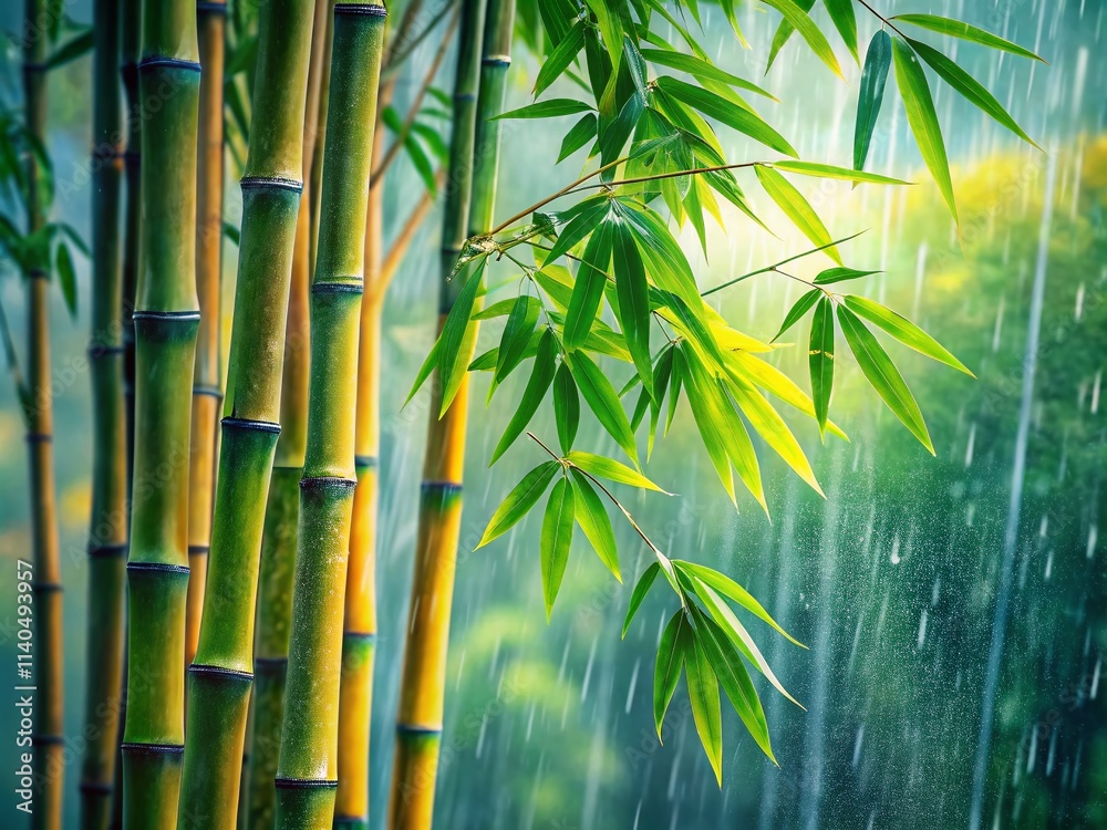 Fototapeta premium Low Light Watercolor Bamboo Rain - Artistic Digital Painting, Gentle Breeze, Swaying Stems
